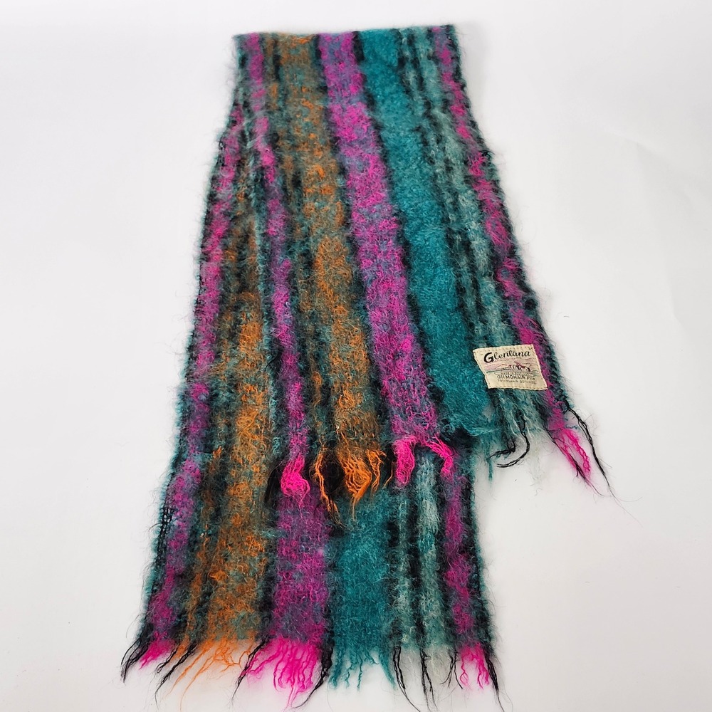 Vintage Mohair 42" Fuzzy Neon Scarf Glenlana Made in Scotland Striped Teal Boho